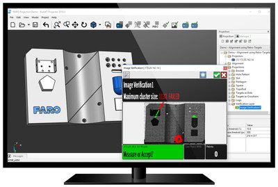 O FARO BuildIT Projector e o FARO TracerSI Imaging Laser Projector indicam a presença de detritos de objetos estranhos durante uma inspeção pós-montagem.