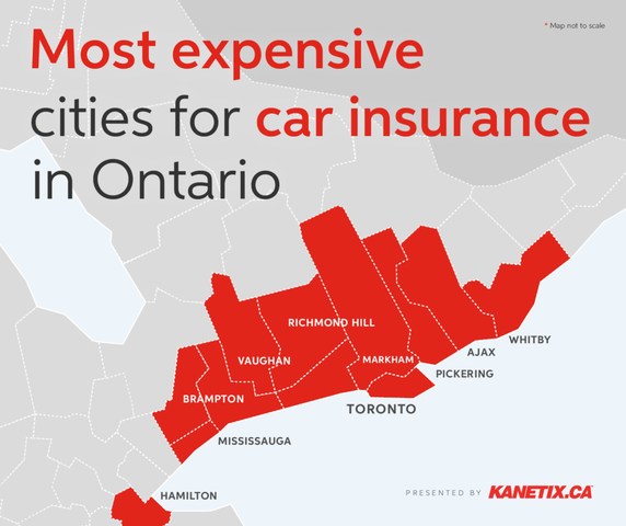 Most expensive cities for car insurance in Ontario. (CNW Group/Kanetix)