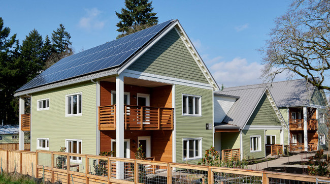 The Oaks Zero Energy Neighborhood at Rose Villa is one of the few senior living communities in the United States designed to meet all of its energy needs onsite with renewable energy. Photo by Bill Purcell Photography.jpg