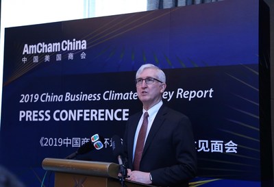 Tim Stratford, Chairman of AmCham China at the press conference of the 2019 China Business Climate Survey Report