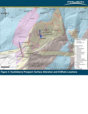 Figure 3: Huckleberry Prospect: Surface Alteration and Drillhole Locations (CNW Group/Mawson Resources Ltd.)