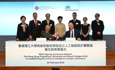 Prof Philip C. H. CHAN, Interim President, PolyU (left, front row) and Dr Paul THOMPSON, Vice Chancellor, RCA (right, front row) signed the MoU in the presence of the Hon Mrs Carrie LAM CHENG Yuet-ngor, the Chief Executive of the Hong Kong Special Administrative Region (HKSAR) (middle, second row). Other witenesses are : (from left, second row) Dr Miranda Lou, Executive Vice President, PolyU; Ir Prof Alex WAI, Vice President (Research Development), PolyU; Dr LAM Tai-fai, Council Chairman of PolyU; and (from right, second row) Prof Juan Cruz, Dean of the School of Arts and Humanities, RCA; Ms. Helen PROTHEROE, Director of Development & Alumni Relations of RCA; and Prof Naren BARFIELD, Deputy Vice Chancellor and Provost of the RCA.