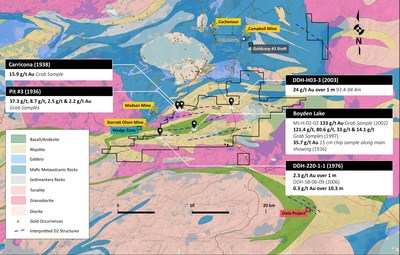 Figure 1. Geological map of the Pacton Gold’s Red Lake property showing locations of historical gold values. (CNW Group/Pacton Gold Inc.)