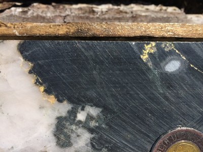 Exhibit C. A photograph of NQ core from diamond drill hole OSK-11-04 from the High-Grade Zone showing visible gold associated with a composited assay of 215.7 g/t over 3.7 metres. Canadian two-dollar coin for scale. (CNW Group/Anaconda Mining Inc.)
