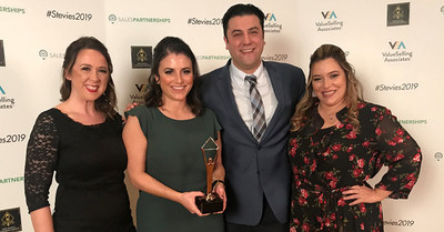 Pictured (L to R): Talent acquisition team members Elizabeth Gerrity, supervisor; Elita Nicholson, specialist; and Michael Vella, manager; and Catalina Dongo, human resources director, receive a bronze-level Stevie Award for creating UniFirst’s LEAP (Leadership, Education, and Performance) management development program that grooms high-potential Team Partners into successful managers.