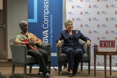 Pictured Left to Right:  Civil Rights Leaders Lucille Bridges and Carlotta Walls LaNier  participate in a Fireside Chat with BBVA Compass and the Houston Rockets at Texas Southern University.