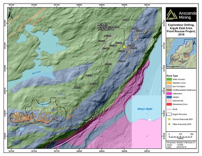 Exhibit A. A geological map of the Argyle area showing the deposit and the location of recent drilling during the Argyle Exploration Program and the Argyle Infill Program. Hole AE-18-83 which contained two intersections of high-grade visible gold is shown to the northeast of the Argyle Deposit. (CNW Group/Anaconda Mining Inc.)