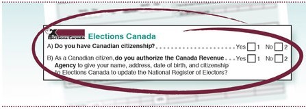 The image shows a section of your federal tax return with the two questions related to Elections Canada. (CNW Group/Elections Canada)
