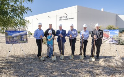 At the FUJIFILM Electronic Materials U.S.A., Inc. (FEUS) ceremonial groundbreaking event in Mesa, Arizona, picture left to right, Scott Klamm, Vice President of Operations, FEUS; Mayor John Giles, City of  Mesa; Shey, the city sponsored ?mini-Mayor for a Day' silent auction winner; Kevin Thompson, Councilmember, District 6, City of Mesa; Ross Vroman, Executive VP and GM, Skanska USA Building, Inc.; Brian O'Donnelly, President & CEO, FEUS;  Aric Bopp, Strategic Initiatives, City of Mesa.
