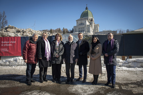 From left to right: Mr. Jean-Pierre Léger, Chairman of the Board for the St Hubert Foundation and member of the Campaign Cabinet; Mrs. Chantal Rouleau, Minister for Transport and Minister Responsible for the Metropolis and the Montréal Region; Mrs. Sherry Romanado, Parliamentary Secretary to the Minister of Seniors, representing the Honourable François-Philippe Champagne, Minister of Infrastructure and Communities; Father Claude Grou, CSC, Rector of Saint Joseph’s Oratory of Mount Royal; Mr. Guy Cormier, President and Chief Executive Officer, Desjardins Group and Cabinet Chair of the Reaching New Heights Campaign; Mrs. Valérie Plante, Mayor of Montréal; Mr. Sébastien Barangé, Vice-President, Communications & Public Affairs of CGI, representing Serge Godin, CGI Founder and Executive Chairman of the Board and member of the Campaign Cabinet. (Photo: Sébastien St-Jean) (CNW Group/Saint Joseph's Oratory of Mount Royal)
