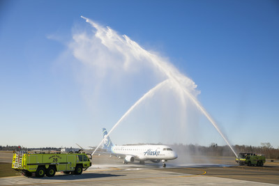 The first Alaska Airlines departure from the new Paine Field terminal, with service provided by Horizon Air, had a water arch salute today as the flight prepared for takeoff.
