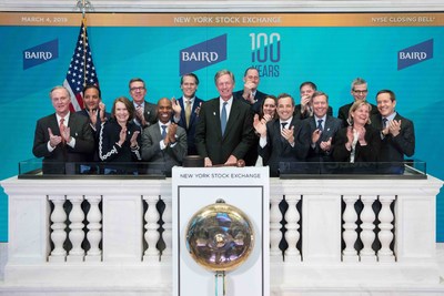 Baird visits the New York Stock Exchange in celebration of the employee-owned firm’s 100th Anniversary of client service. Steve Booth, President & Chief Executive Officer, joined by Chris Taylor, Vice President, NYSE Listings and Services, rings The Closing Bell®.