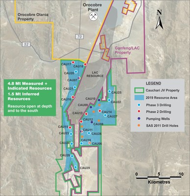 Figure 1: Location of Cauchari properties, drill holes and the resource area – dashed line shows the cross section in Figure 2 (CNW Group/Advantage Lithium Corp)