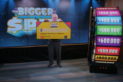 Clarence MacKenzie of Cambridge celebrates after spinning THE BIGGER SPIN Wheel at the OLG Prize Centre in Toronto to win $600,000. MacKenzie won a top prize with OLG’s new INSTANT game – THE BIGGER SPIN. (CNW Group/OLG Winners)
