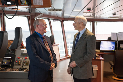 Chief Terrance Paul, co-chair of the Assembly of Nova Scotia Mi’kmaq Chiefs and Clearwater CEO Ian Smith onboard the clam vessel Anne Risley. (CNW Group/Clearwater Seafoods Incorporated)