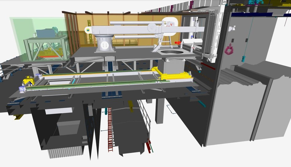 A rendering of the waste retrieval system (arm and packaging system) that's now installed at the Pile Fuel Cladding Silo, Sellafield Site, England. Credit: Bechtel Cavendish Nuclear Solutions