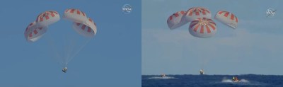 Completing an end-to-end uncrewed flight test, Demo-1, SpaceX’s Crew Dragon departed the International Space Station at 2:32 a.m. EST Friday, March 8, 2019, and splashed down at 8:45 a.m. in the Atlantic Ocean about 200 nautical miles off the Florida coast. Credit: NASA Television