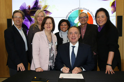 Mayor Bevilacqua formally signs the Leadership Accord on Gender Diversity, alongside Council, during the City’s 2019 International Women’s Day event. (CNW Group/City of Vaughan)