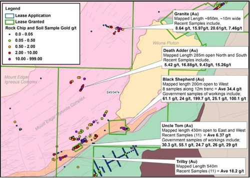 Figure 1. Pacton's Yandicoogina Project. Note: Geology, historic locations and grades were obtained from Western Australia Geological Survey archives. Grades noted in Figure 1, and historic mine production statistics of 198.8 kg from 3,232 t of ore yielding an average grade of 61.52 g/t gold do not conform to current disclosure standards, and are not to be relied upon. (CNW Group/Pacton Gold Inc.)