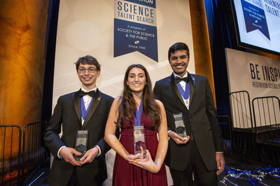Washington, DC, March 12, 2019 -- Ana Humphrey (center), 18, of Alexandria, Virginia, won first place and $250,000 in the Regeneron Science Talent Search 2019, founded and produced by the Society for Science & the Public. Samuel Weissman (left), 17, of Rosemont, Pennsylvania, was awarded second place and $175,000 and Adam Ardeishar (right), 17, of Alexandria, Virginia was awarded third place and $150,000. Photo Credit: Chris Ayers/Society for Science & the Public