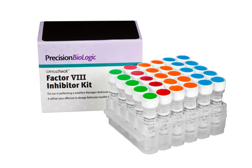 The CRYOcheck(TM) Factor VIII Inhibitor Kit contains standardized reagents and a validated procedure to prepare patient samples for performing a modified Nijmegen-Bethesda assay as per the U.S. Centers for Disease Control and Prevention (CDC) recommendation. Visit www.precisionbiologic.com/FVIII-Kit to learn more. (CNW Group/Precision BioLogic)
