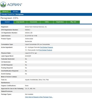 Enviro Tech Chemical Services Peragreen Products Listed Under 'Agrian' Label Directory