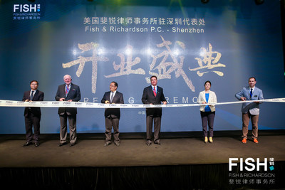 Fish & Richardson recently celebrated the opening of its Shenzhen, China office with a ribbon cutting ceremony. Pictured (left to right) are Jiaguang Kang, Director-General of Nanshan; Honorable Leonard Davis, Of Counsel, Fish & Richardson; Xilin Jiang, Director-General of Shenzhen Bureau of Justice; Peter Devlin, President and Chief Executive Officer of Fish & Richardson; Ms. Cong Lian, Deputy Mayor of Nanshan; and Ryan McCarthy, Chief Representative of Fish & Richardson’s Office in Shenzhen.