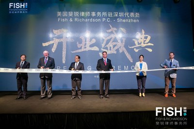 Fish & Richardson celebrated the opening of it Shenzhen, China office with a ribbon cutting ceremony on March 7, 2019. Pictured (left to right) are Jiaguang Kang, Director-General of Nanshan; The Honorable Leonard Davis, Of Counsel, Fish & Richardson; Xilin Jiang, Director-General of Shenzhen Bureau of Justice; Peter Devlin, President and Chief Executive Officer of Fish & Richardson; Ms. Cong Lian, Deputy Mayor of Nanshan; and Ryan McCarthy, Chief Representative of Fish & Richardson’s Representative Office in Shenzhen.