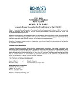 Bonavista Energy Corporation Confirms Dividend for April 15, 2019 (CNW Group/Bonavista Energy Corporation)
