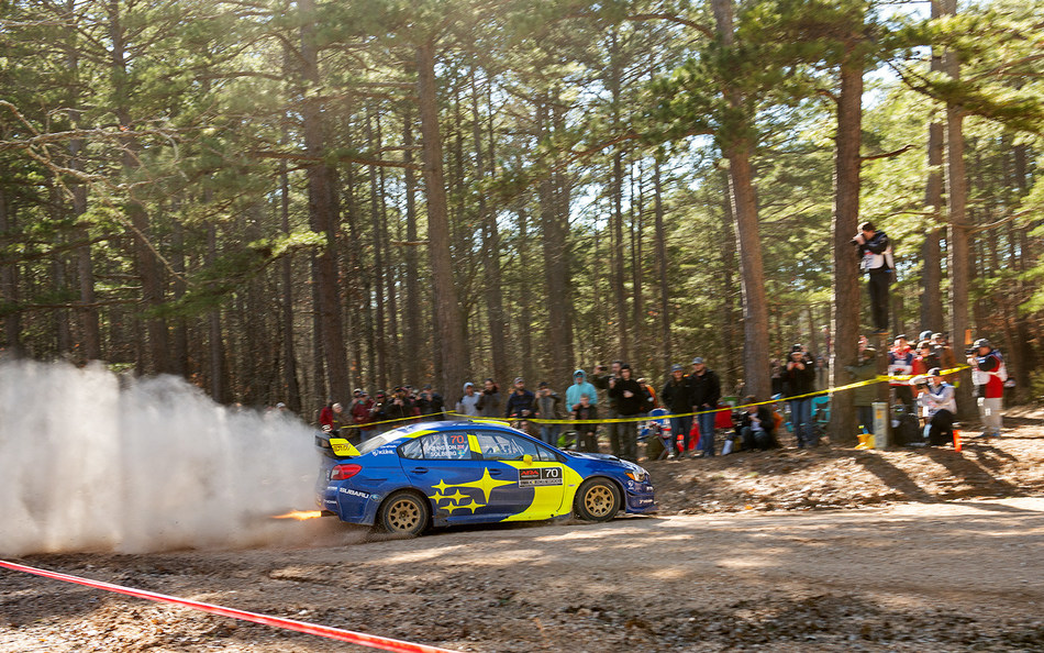Oliver Solberg slides past a spectator area at the 2019 Rally in the 100 Acre Wood on the way to a second-place finish in his first event with Subaru Motorsports USA.