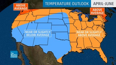 Three-month temperature outlook for April through June 2019 from The Weather Company, an IBM Business