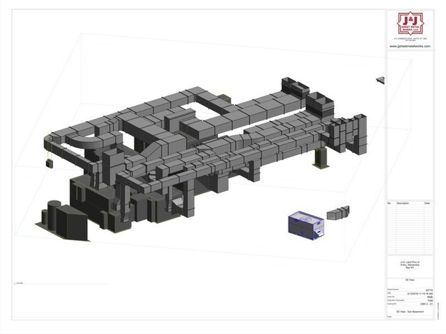 An example of a J&J Sheet Metal 3D drawing created with Revit that shows the complexity of the air ventilation systems the company is fabricating and installing.