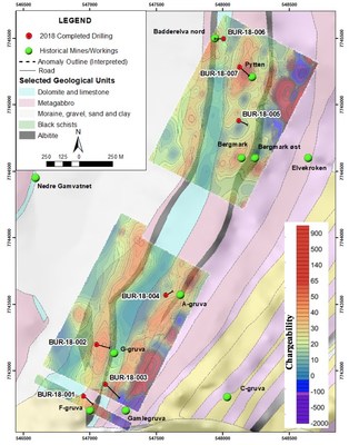 Figure 1. Burfjord drill hole locations showing IP Geophysics (semi-transparent), geology and mineral occurrences. (CNW Group/Boreal Metals)
