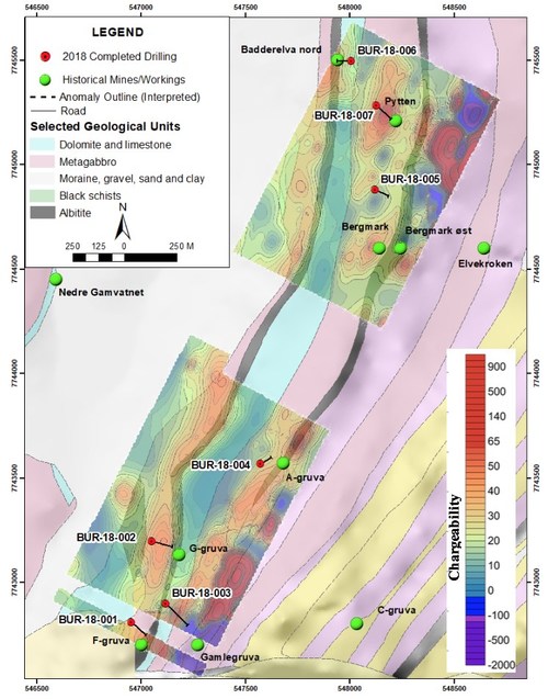Figure 1.  Burfjord drill hole locations showing IP Geophysics (semi-transparent), geology and mineral occurrences. (CNW Group/Boreal Metals)