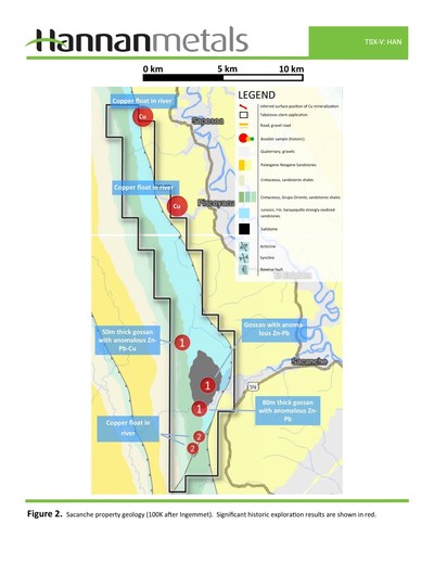 Figure 2. Sacanche property geology (100K after Ingemmet). Significant historic exploration results are shown in red. (CNW Group/Hannan Metals Ltd.)