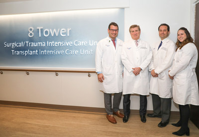 From left: Drs. Elliot Grodstein, Lewis Teperman, Matthew Bank and Maria Sfakianos at the entrance to the new Surgical and Transplant ICU at North Shore University Hospital. Credit Northwell Health.