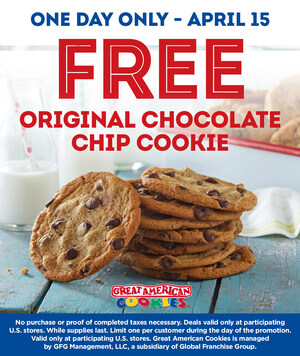Great American Cookies® to Treat Customers to One Free Original Chocolate Chip Cookie on Tax Day (Monday, April 15)