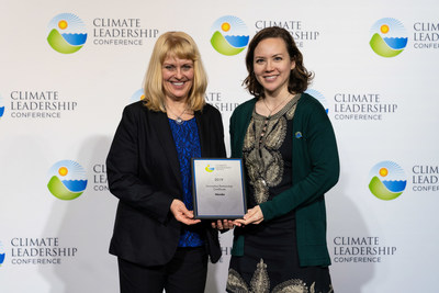 Honda Corporate Sustainability Manager Raminta Jautokas and Honda Environmental Leadership Program Manager Annika Swenson accept the Innovative Partnership Certificate at the 2019 Climate Leadership Awards held on March 21 in Baltimore, Md.