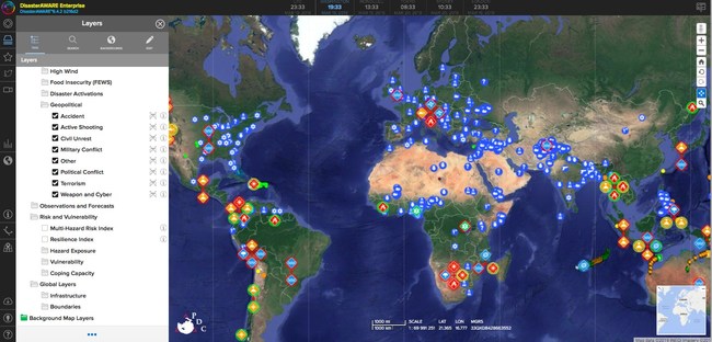 DisasterAWARE Enterprise real-time access to Geopolitical Data including political, military, security, civil unrest, economic, social, and infrastructure events around the world.