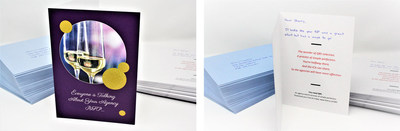 RIP to RFP cards, created for the ICA’s Pitch Watchdog program feature an ironic image of champagne glasses (implying celebration) on the front with text saying “Everyone is Talking About Your Agency RFP …” Each card then features a humorous poem that communicates a specific RFP frustration issue and a call to action for the receiver to consider Qualification-Based Selection (QBS) instead. (CNW Group/Institute of Communication Agencies)