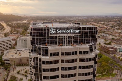 A mockup of the future signage at 800 N. Brand, where tech giant ServiceTitan has leased 125,000 square feet of office space, cementing their position as a keystone tech employer in Glendale, California.