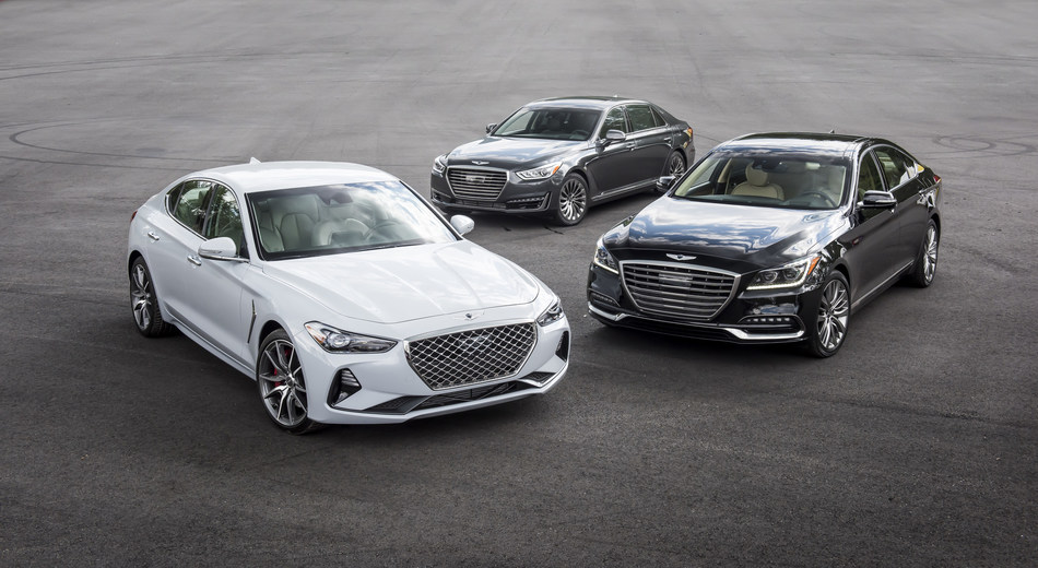 The 2019 Genesis family of multiple award-winning vehicles: G70 - foreground left, G90 - center rear and G80 - right side.