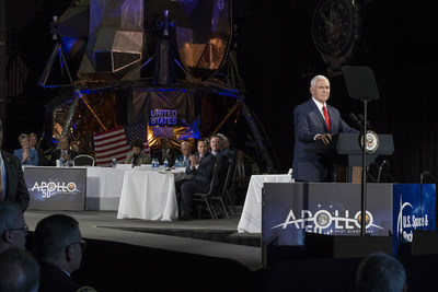 Vice President Mike Pence speaks about NASA’s mandate to return American astronauts to the Moon and on to Mars at the fifth meeting of the National Space Council March 26, 2019, at the U.S. Space & Rocket Center in Huntsville, Alabama.