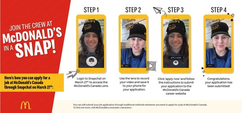 McDonald’s is the first brand in Canada to launch ‘Snapplications.’ Today, Snapchat users can find a unique lens that enables them to film a 30-second video capturing why they want to work for McDonald’s that can be submitted to the McDonald’s Canada hiring portal (CNW Group/McDonald's Canada)