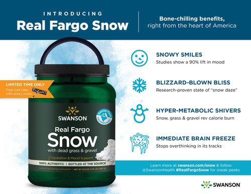 Introducing Real Fargo Snow from Swanson Health. Bone-chilling benefits for hydration and mood support, bottled right in the heart of America.