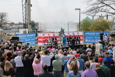 Washington D.C. Mayor Muriel Bowser speaking at The Wharf Phase 2 Construction Kick Off Celebration on the D.C. waterfront with the Hoffman-Madison Waterfront (HMW) development team.