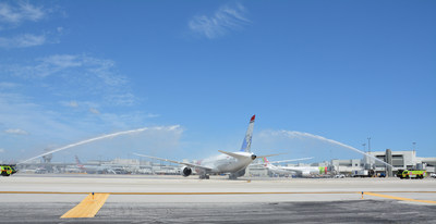 Norwegian’s new service receives a water-cannon salute from Miami-Dade County.