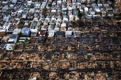 An aerial shot of the destruction to homes in Breezy Point and Rockaway Beach when the power was kept on during Hurricane Sandy on October 29, 2012.