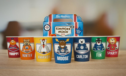 Available for a limited time, the limited edition cups come with a fun, NHL®-themed  Timmies Minis pack box - guests can collect all seven cups while supplies last. (CNW Group/Tim Hortons)