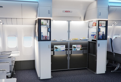 The Collins Aerospace M-Flex&trade; Duet is a revolutionary cabin monument designed to transform the least optimized area of the cabin, the aircraft doorway, into a self-serve social zone or cabin attendant working area.